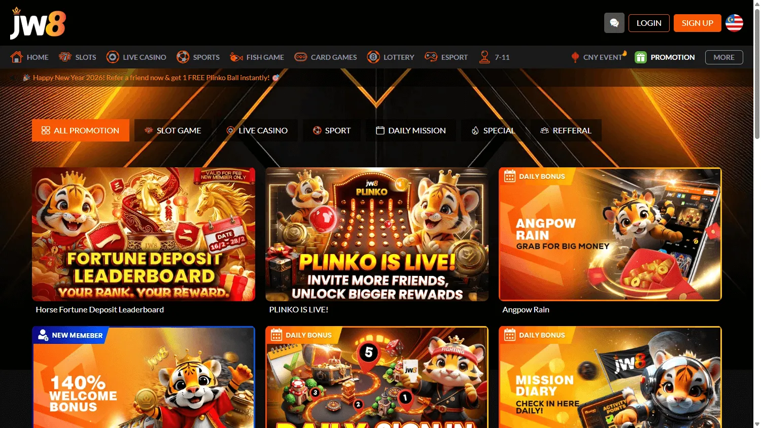 JW8 Casino desktop promotions interface