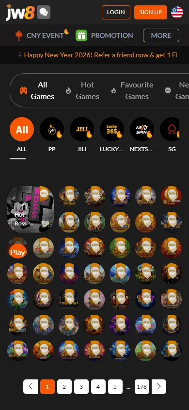 JW8 Casino mobile games interface