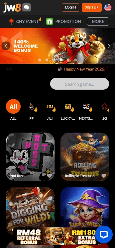 JW8 Casino mobile home interface