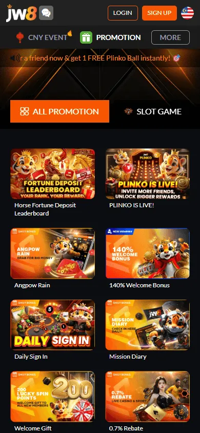 JW8 Casino mobile promotions interface